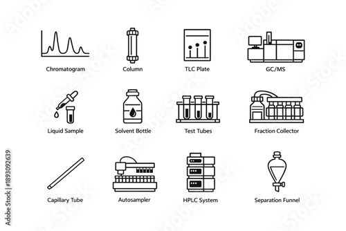 Laboratory equipment icons featuring chromatogram, tlc plate, hplc system, and more