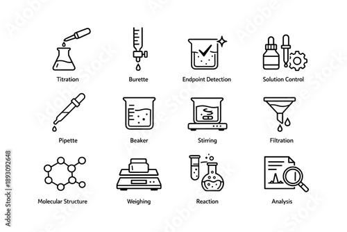 Laboratory equipment icons for chemistry analysis and experimentation