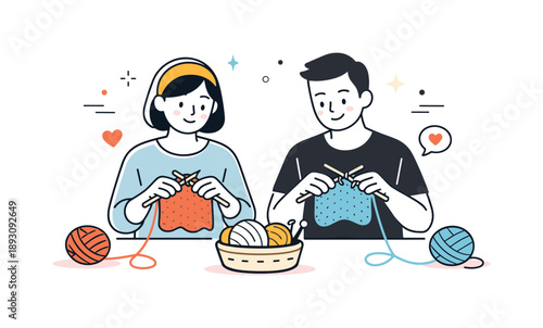 Knitting Companionship. Knitting together. Two people sitting side by side, calmly knitting with soft yarn, relaxed expressions and warm interaction showing