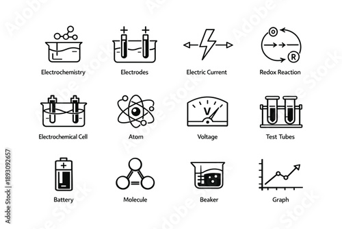Scientific icons collection featuring electrochemistry, electrode, voltage, atom, and test tubes