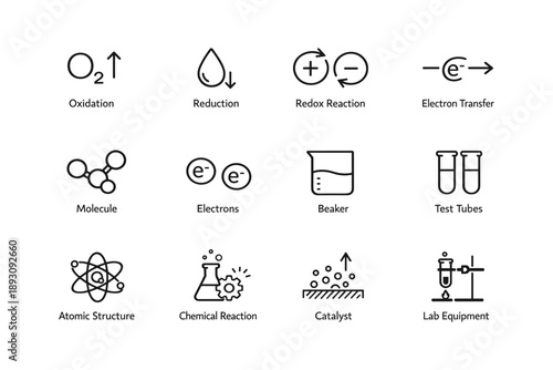 Chemical symbols and reactions overview with lab equipment illustrations