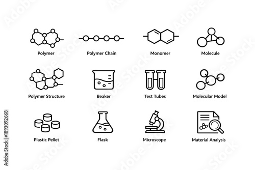 Scientific icons set featuring polymer, molecule, beaker, test tubes, microscope