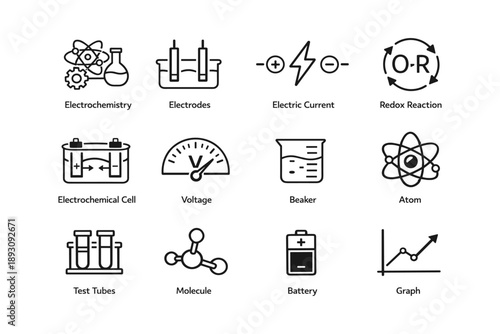 Electrochemistry icons: electrodes, electric current, redox reaction, voltage, molecule