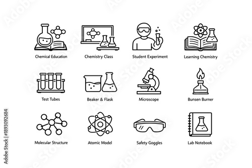 Icons of chemistry education and laboratory equipment for learning