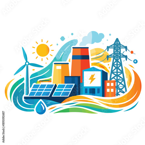 Colorful energy production scene with solar and wind