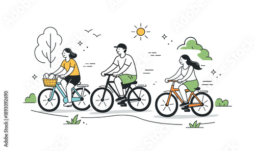 Leisurely Bicycle Ride. Summer outdoor fun. People riding bicycles slowly along a sunny path, surrounded by trees and calm movement. Leisurely summer activity,