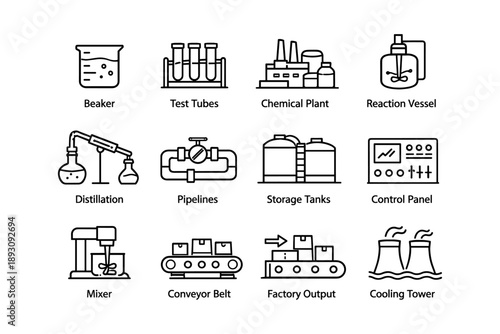 Industrial chemistry icons: laboratory equipment and manufacturing facilities