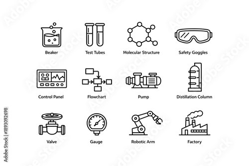 Laboratory equipment icons: beaker, test tubes, molecular structure, safety goggles