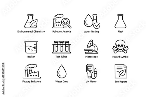 Environmental chemistry and pollution analysis icons collection