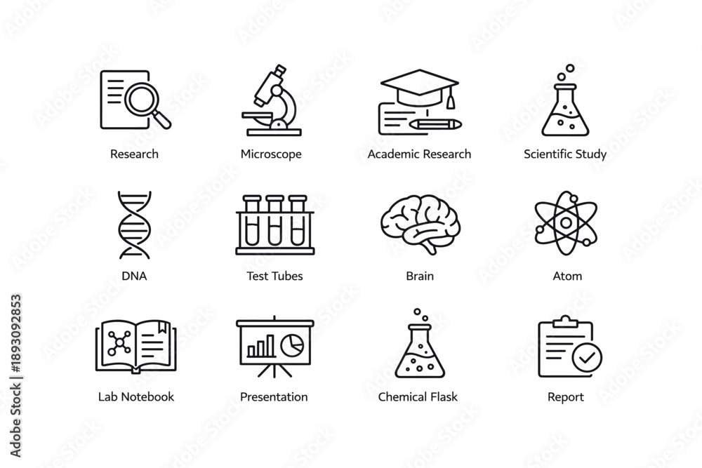 Fototapeta premium Scientific icons: microscope, test tubes, dna, chemical flask, academic research tools