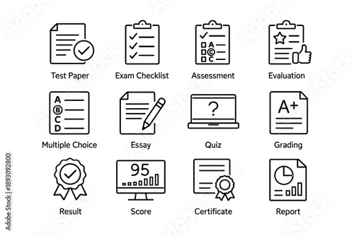 Exam assessment icons set: test paper, checklist, grading, quiz, certificate