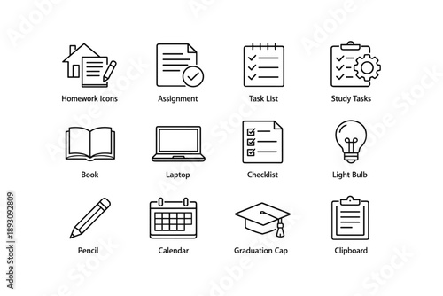 Homework and study task icons: book, laptop, checklist, graduation cap, pencil