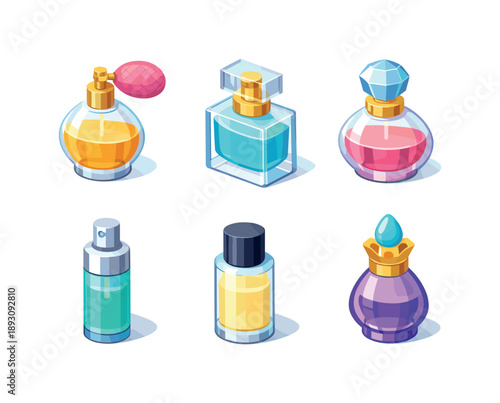 Perfume Bottle Collection. Fragrance Bottles. Isometric flat vector icons set of Fragrance Bottles: classic perfume bottle, square glass bottle, round crystal