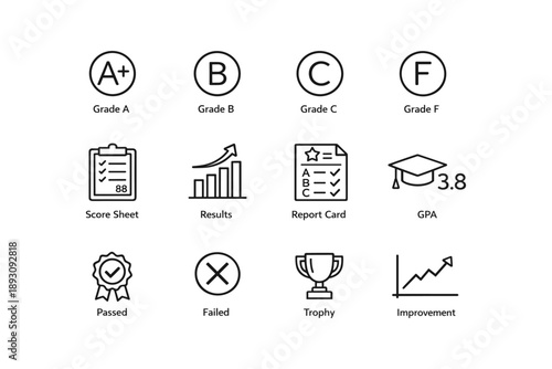 Educational icons set: grades a to f, performance metrics, academic achievements