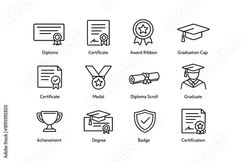 Education icons set: diploma, certificate, award ribbon, graduation cap