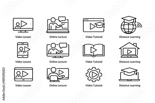 E-learning icons set: video lessons, online lectures, distance learning