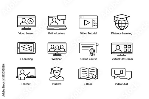 E-learning icons set featuring video lessons and virtual classroom elements