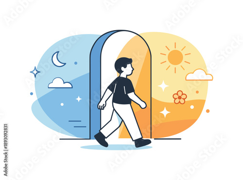 Colorful Transition Journey. Emotional color transition. A simple character moving from a cool-toned space into a warm-toned environment. Subtle editorial