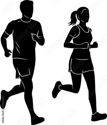 Couple running together silhouette isolated on white background Man and woman jogging black and white graphic illustration