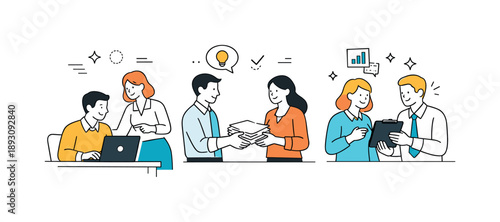 Corporate Team Collaboration. Corporate teamwork support. Colleagues helping each other with tasks, passing documents and sharing insights. Warm, supportive