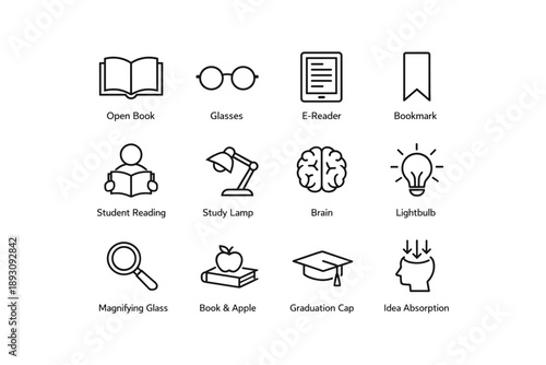 Educational tools and concepts icon set including technology and learning symbols