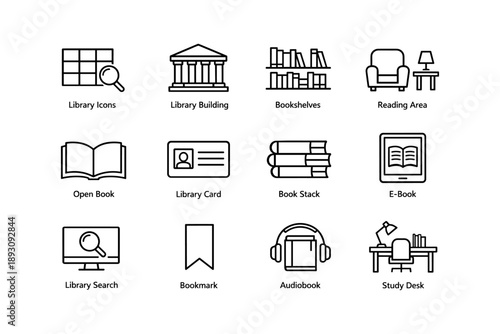 Library icon set featuring bookshelves, e-book, audiobook, and library card designs