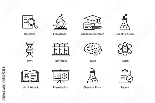 Scientific icons: microscope, test tubes, dna, chemical flask, academic research tools