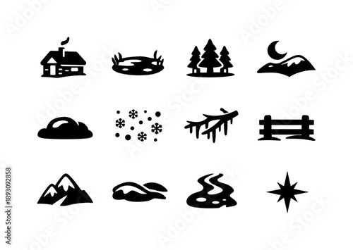 Winter Icon Set. Winter sleigh ride. Solid icon set of snowy scenery: cabin, frozen lake, pine forest, snow mound, moonlit hill, falling snow, frosty branch,