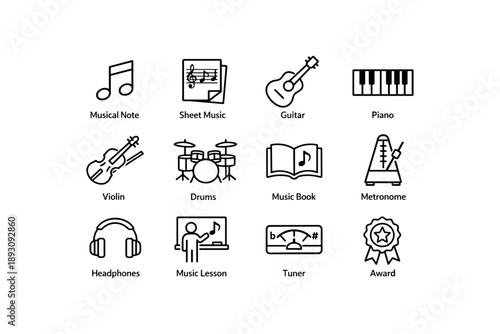 Musical instruments and accessories icons: guitar, piano, violin, drums, headphones, tuner, award