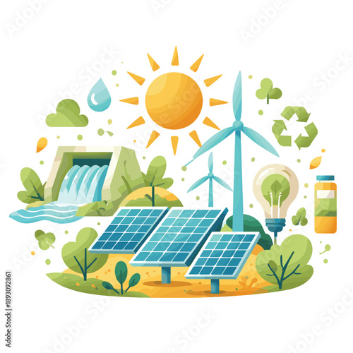 Illustration of renewable energy sources and nature