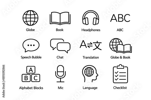 Icons of globe, book, headphones, and language tools for communication