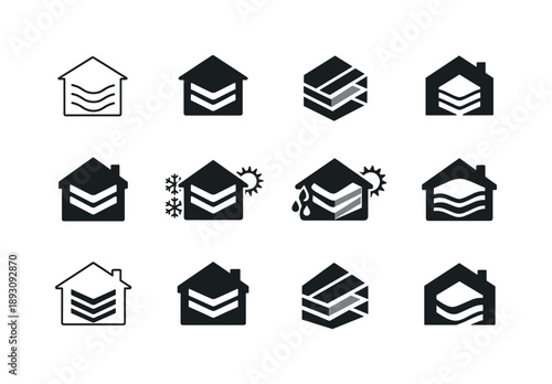 Home Insulation Icons. Home insulation and weatherproofing. Icon set. Set Logo of home insulation and weatherproofing: house with layered wall insulation.