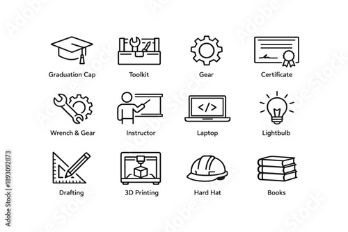 Education and engineering icons: graduation, tools, technology, innovation, construction