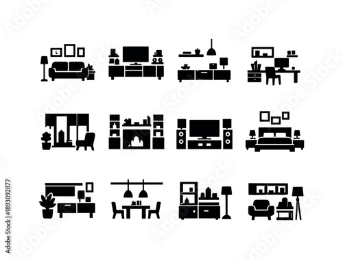 Modern Living Icons. Modern Living Space. Solid icon set of Modern Living Space: modern apartment wall, contemporary living wall, home interior wall, stylish