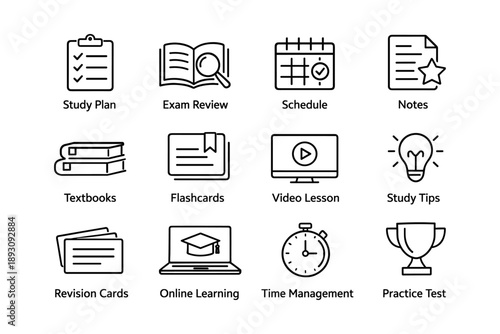 Study plan icons: exam review, schedule, online learning, study tips