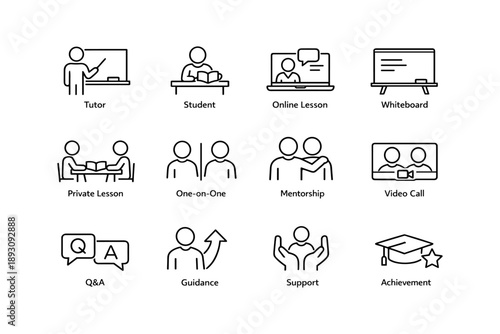 Educational icons set featuring tutoring, online lessons, q&a sessions, and achievement