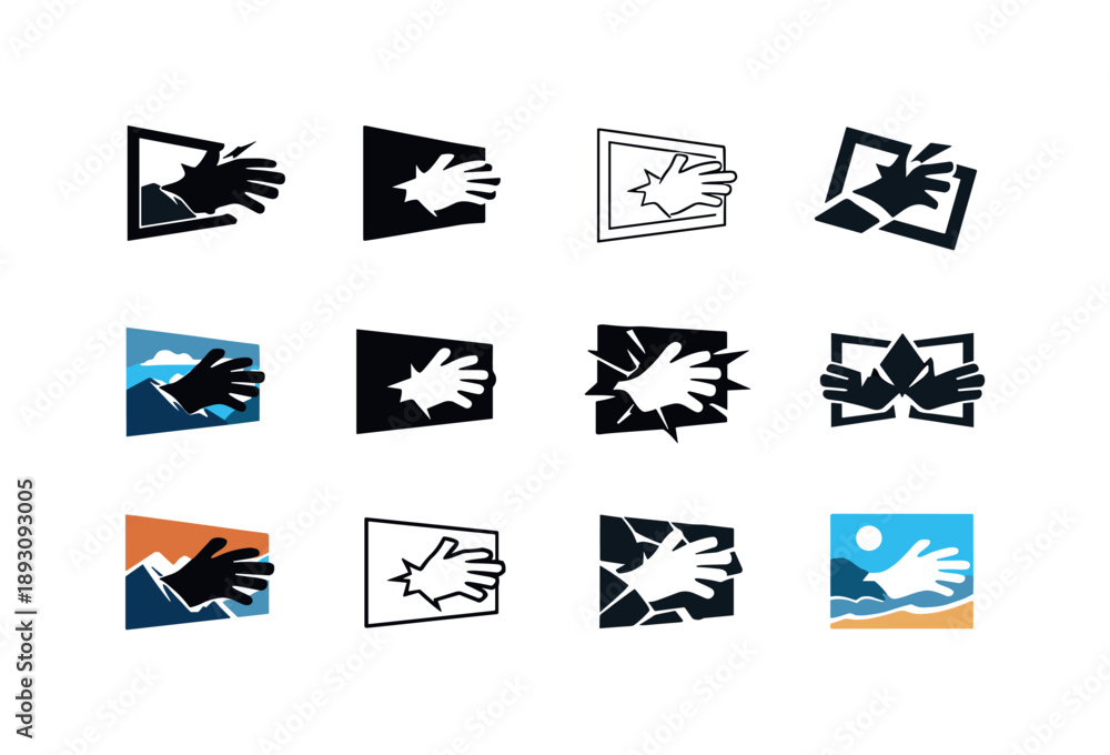 Naklejka premium Conceptual Photography Icons. Conceptual photography. Icon set. Set Logo of Conceptual photography: frame breaking reality illusion. harmonious logo variations
