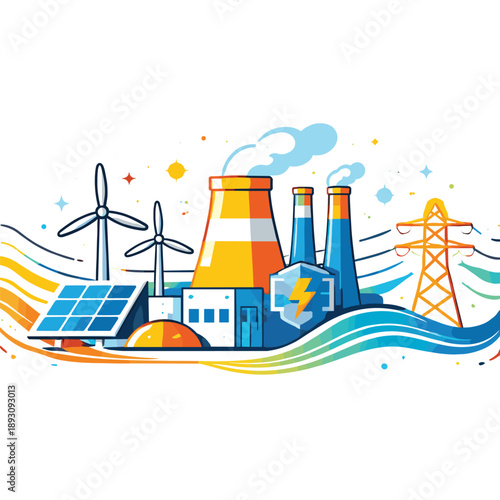 Diverse energy sources in a colorful illustration