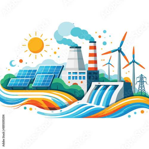 Energy production with solar and wind power illustration