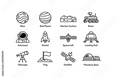 Mars exploration icons: planets, rovers, astronauts, spacecraft, telescopes, and bases