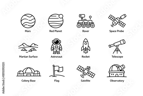 Mars exploration icons: rover, astronaut, rocket, telescope, satellite