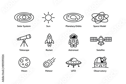 Solar system icons: sun, telescope, rocket, astronaut, satellite, moon, ufo, observatory
