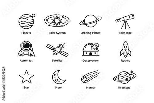Space exploration icons: planets, telescope, astronaut, satellite, rocket, moon, meteor, star