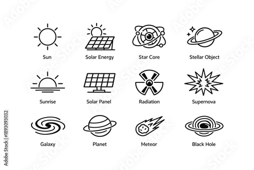 Space icons: sun, solar energy, star core, stellar object, galaxy