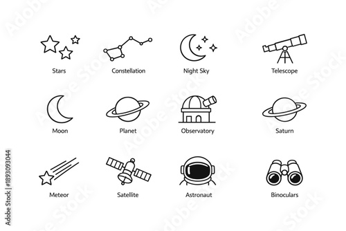 Astronomy icons: stars, constellation, night sky, moon, telescope, planets