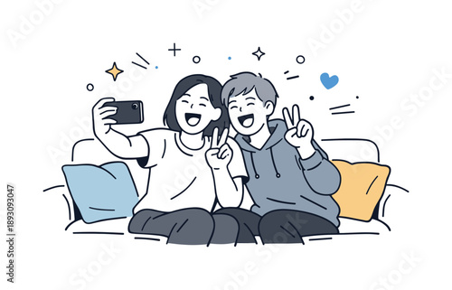 Cozy Selfie Moment. Friends taking selfies. Two people sitting close on a couch, making a peace sign and laughing mid-photo. Cozy indoor moment, friendship and