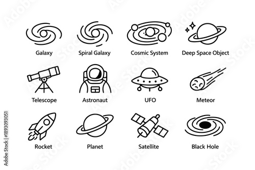 Space icons set featuring galaxies, planets, and astronaut