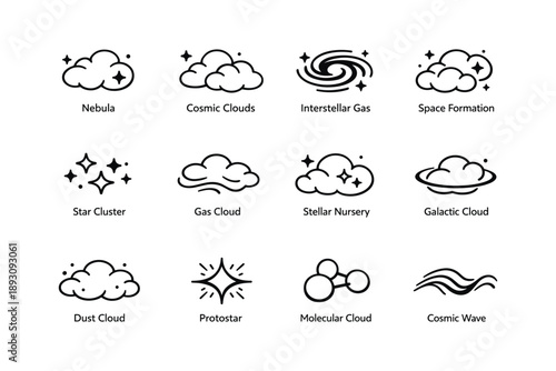 Icons of nebula, cosmic clouds, interstellar gas, and space formations