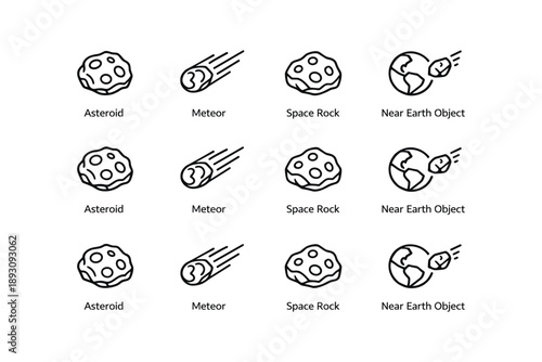 Asteroid and meteor icons illustrating space rock concepts
