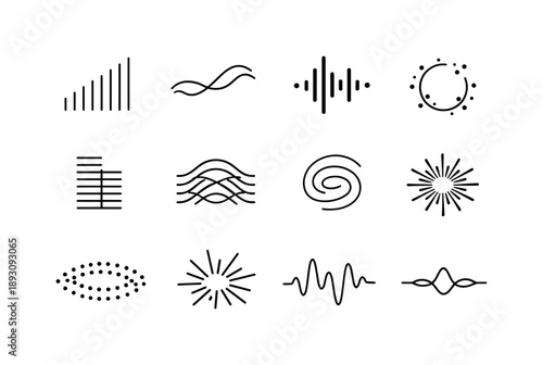 Abstract Sound Icons. Abstract shapes and colors representing sound. Line icon set of abstract shapes and colors representing sound: harmonic rise lines, soft